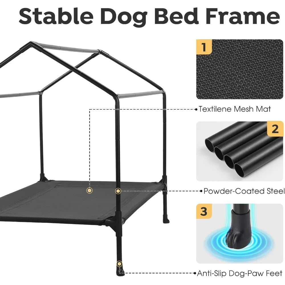 41" Dog House, 2-in-1 Large Dog House Outdoor Indoor Weatherproof, Outside Elevated Dog Cot Bed Dog Tent Shade, Three-Sided Bre