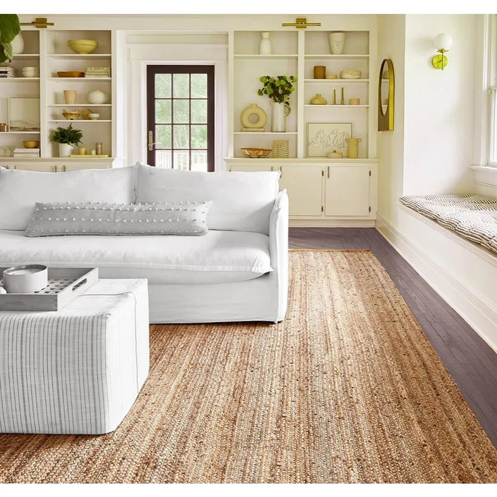 Handwoven Jute Area Rug - Feet Natural Yarn - Rustic Vintage Beige Braided Reversible Rectangular Rugs for Bedroom - Kitch