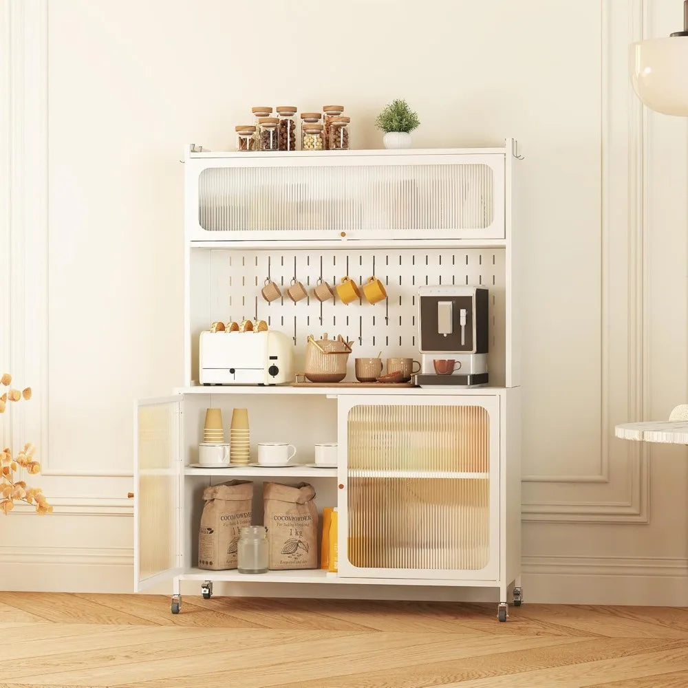 Kitchen Bakers Rack with Flip Door Cabinet, Metal Microwave Stand with Storage Cabinet and Metal Pegboard Panels for Kitchen