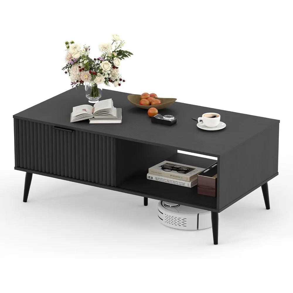 Coffee Table with Storage, Wooden Coffee Tables with Sliding Door and Solid Wood Legs, 2-Tier Cocktail Table, Mid Century Modern