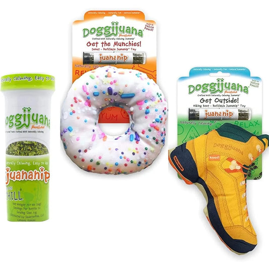 Doggijuana Get Outside Hiking Boot and Get The Munchies Donut / Refillable Catnip Dog Toys / Juananip Refill Bottle / Promotes P