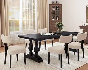 Mid Century Modern Dining Chairs Set of 6, Farmhouse Linen Fabric Upholstered Accent Curved Backrest Kitchen Chairs, with Ha