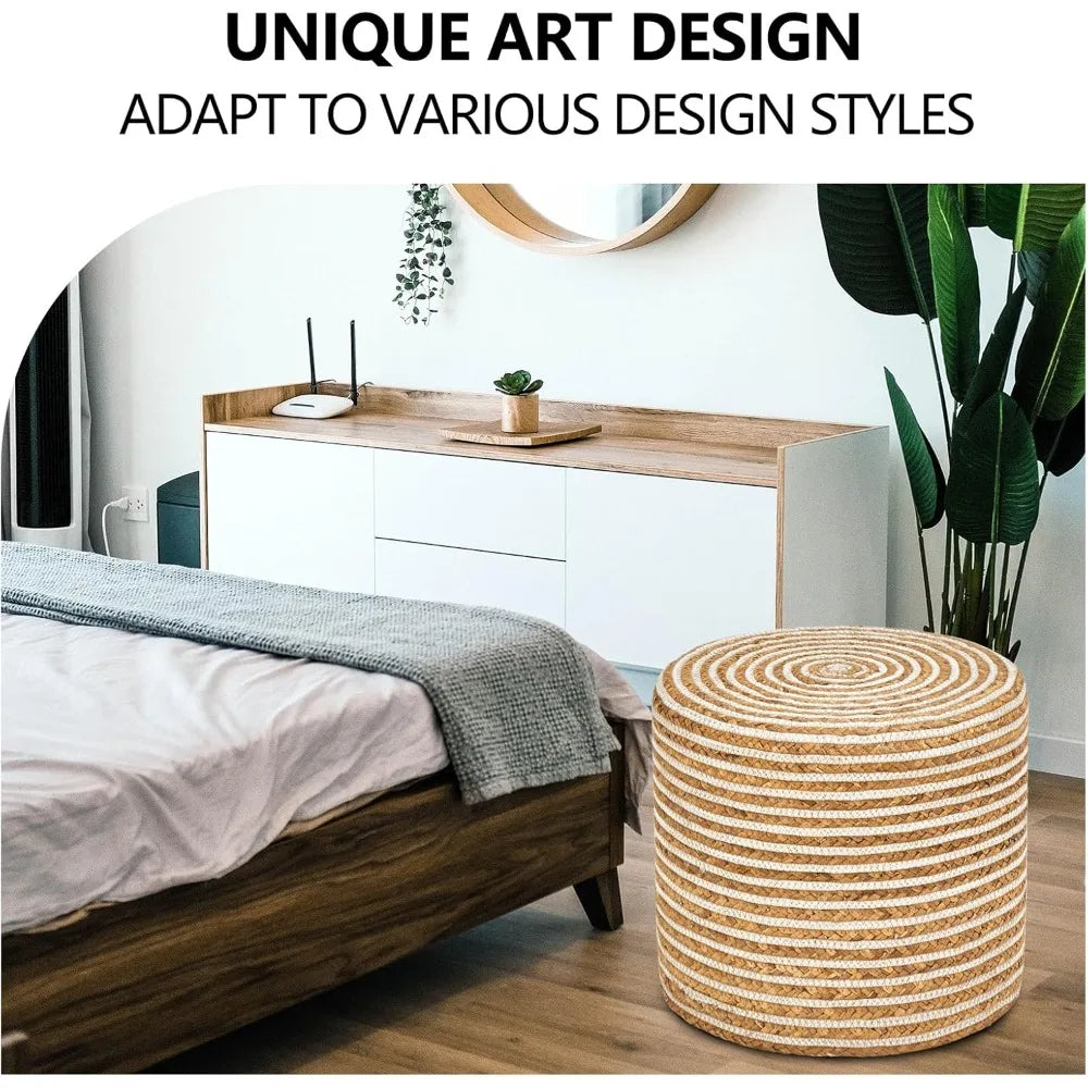 18'' Ottoman Pouf, Natural Braided Poof, Rustic Handweave Lounge Pouffe, Boho Footrest Stool for Bedroom, Accent Table