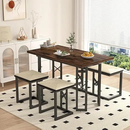 43.3" Dining Table Sets, Farmhouse Kitchen Table for 4 with 3 Seats & Wicker Seat Cushions,Metal Frame Space-Saving Adjustable