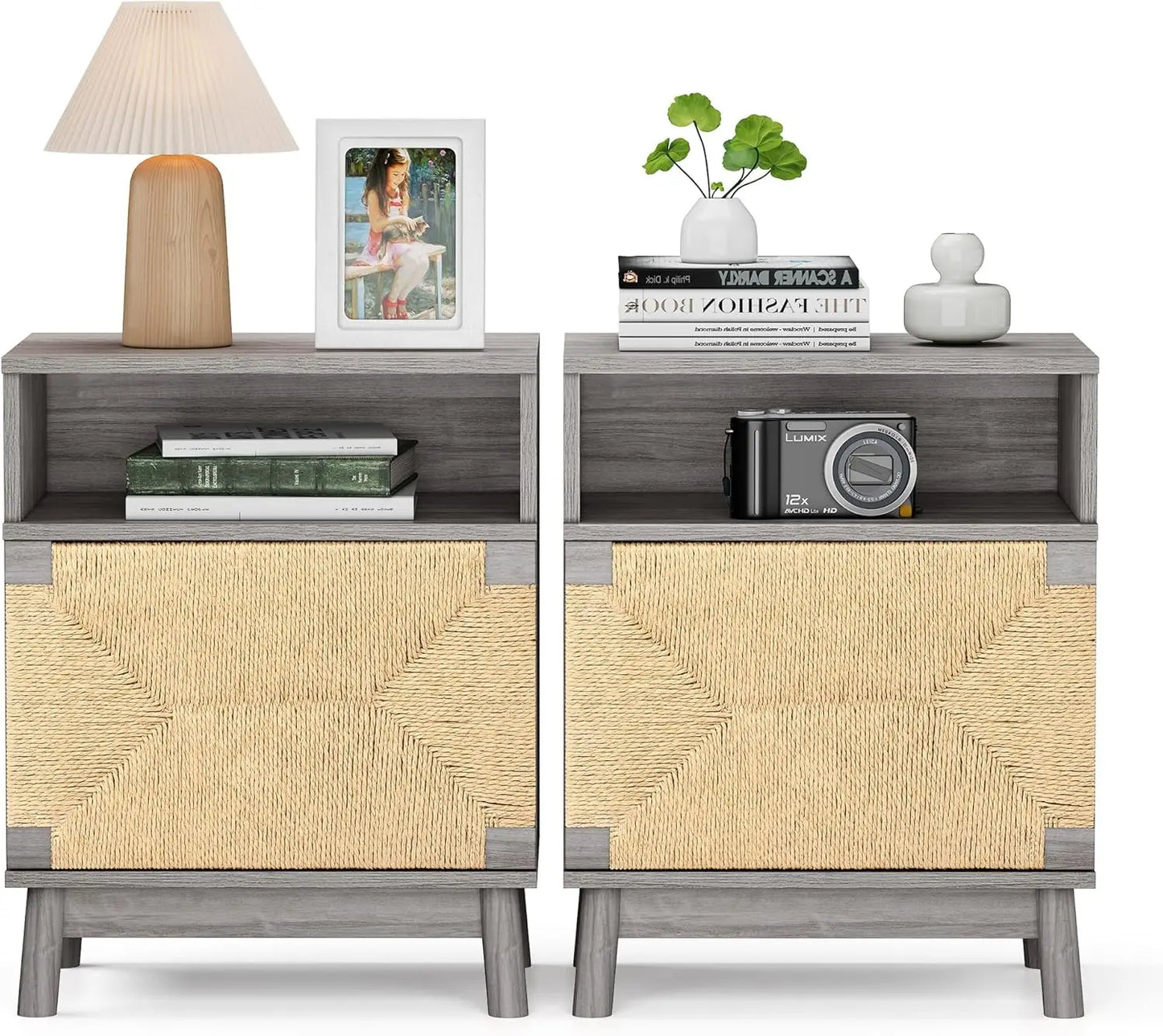 Natural Rattan Nightstand Set of 2, Boho Night Stand with Drawers, Bedside Table Accent Cane End Table Side Table for Bedroom L