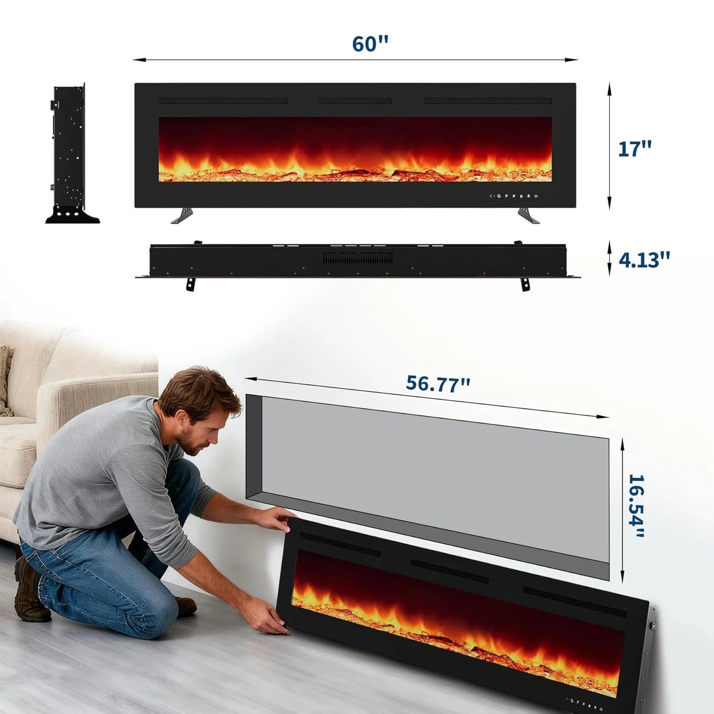 30/40/50/60/72 Inch Electric Fireplace Wall Mounted & Recessed With Remote Control Timer Adjustable Flame Color Brightness