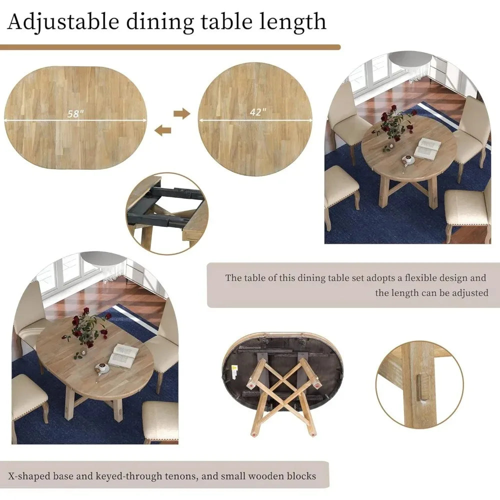 5-Piece Kitchen Table Set, Wood Round Extendable Dining Table and 4 Upholstered Dining Chairs, Farmhouse Dining Room