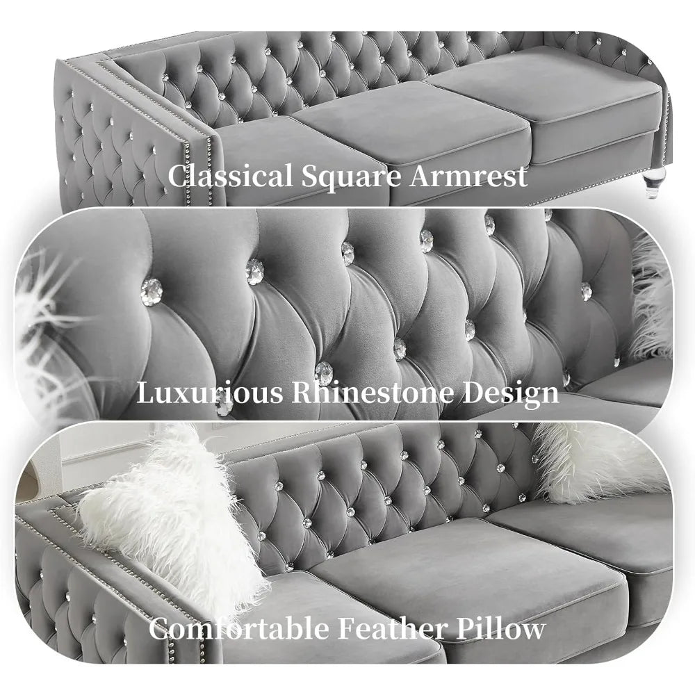 83" Chesterfield Sofa, Velvet Mid-Century Modern Upholstered Couch with 2 Throw Pillows and Acrylic Legs, Nailhead Button Tufted