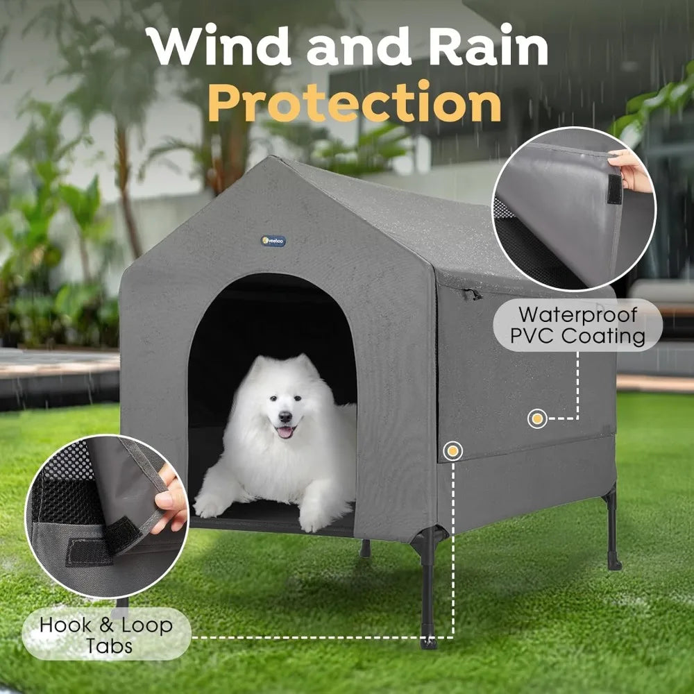 41" Dog House, 2-in-1 Large Dog House Outdoor Indoor Weatherproof, Outside Elevated Dog Cot Bed Dog Tent Shade, Three-Sided Bre