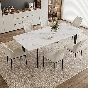 Extendable Dining Table Set for 6-8 People, 63 to 78.7 Inch MDF Kitchen Table with 6 Upholstered Chairs, Space-Saving for Dining