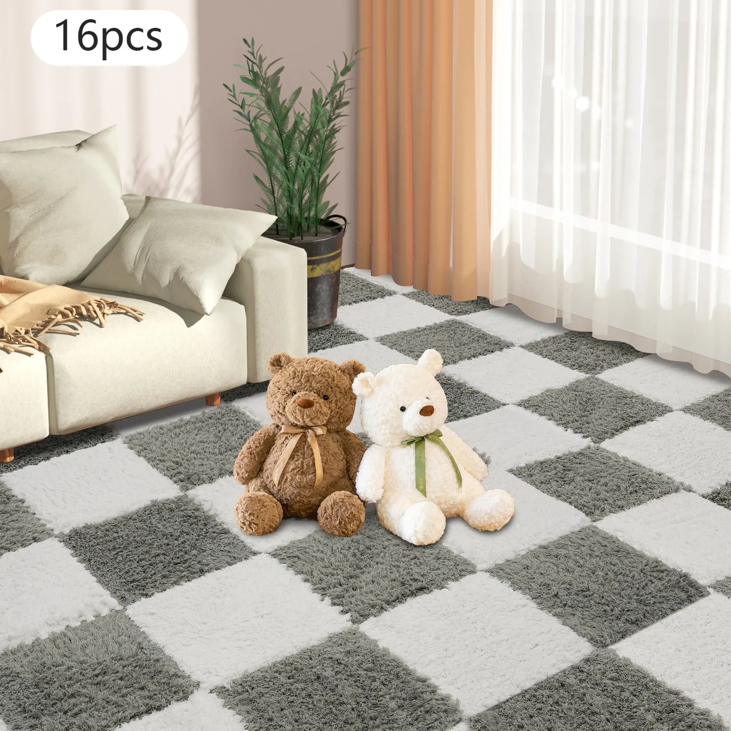 16Pcs Polyester Carpet Tiles, Square Interlocking Carpet Tiles with Border Soft Fluffy Play Foam Puzzle Floor Mat for Home Decor