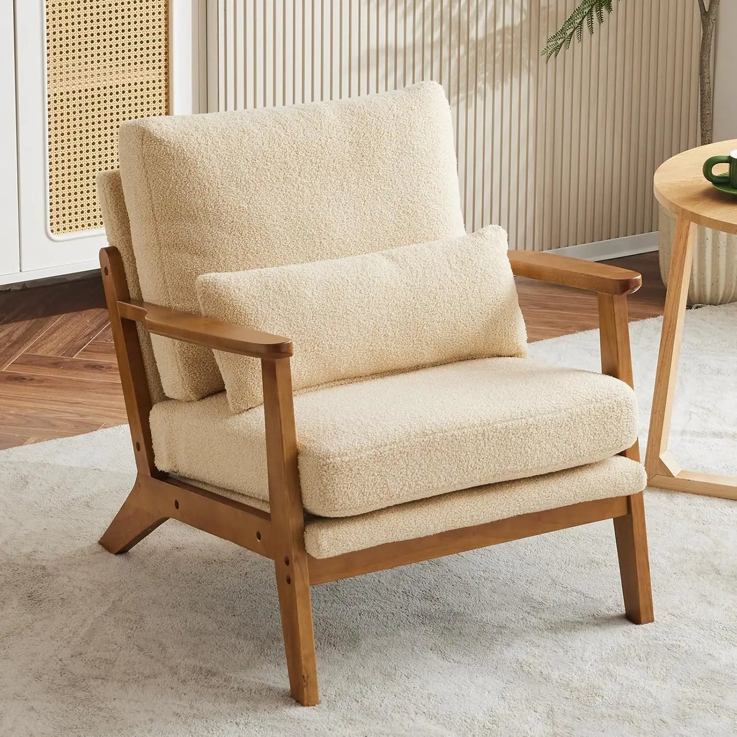 Accent Chair Wide Armrest Mid-Century Lounge Chair Teddy Fleece Armchair with Lumbar Pillow & Solid Wood Frame for Liv