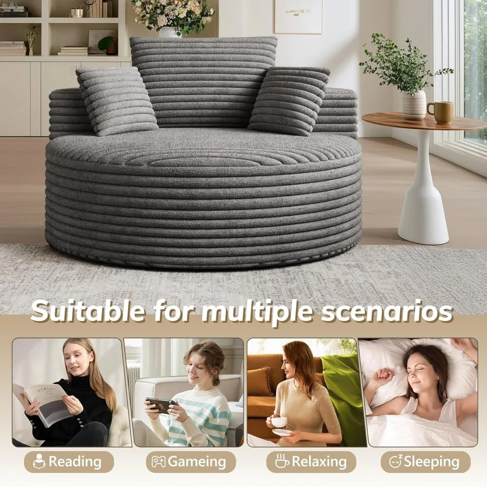 50" Oversized Round Chair Lounge Chaise Indoor, Upholstered Corduroy Sofa with Deep Seat, Single Circle Sofa Chair for Living