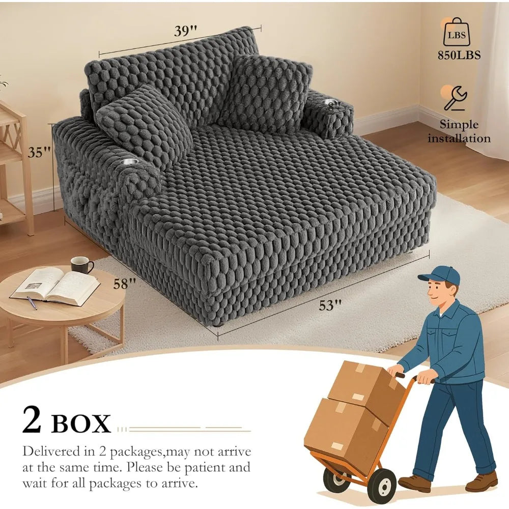 Oversized Chaise Lounge Chair Indoor 58 Inch Soft Cushioned Sofa Bed with Armrests and Cup Holder Plush Faux Fur Reading Chair