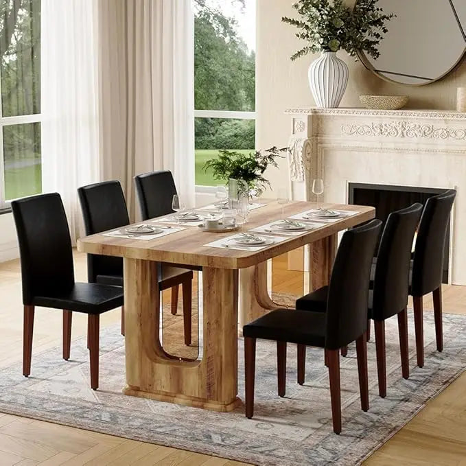 64.5" Dining Room Table Set for 6, Modern Farmhouse Wood Dining Table Set with Decorative Pedestal Legs & 6 Cushioned Chairs