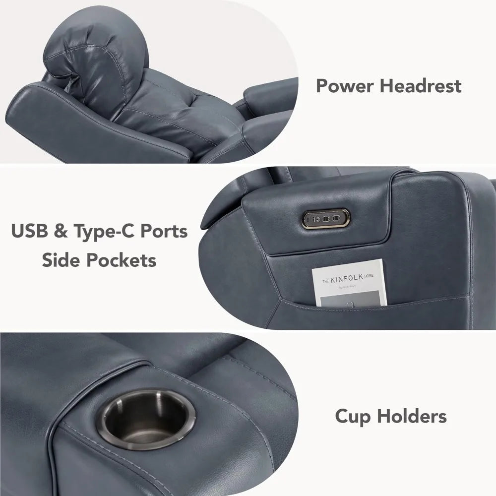 Genuine Leather Power Recliner Chairs for Adults, Lay Flat Recliner with Power Headrest, USB Ports and Cup Holders