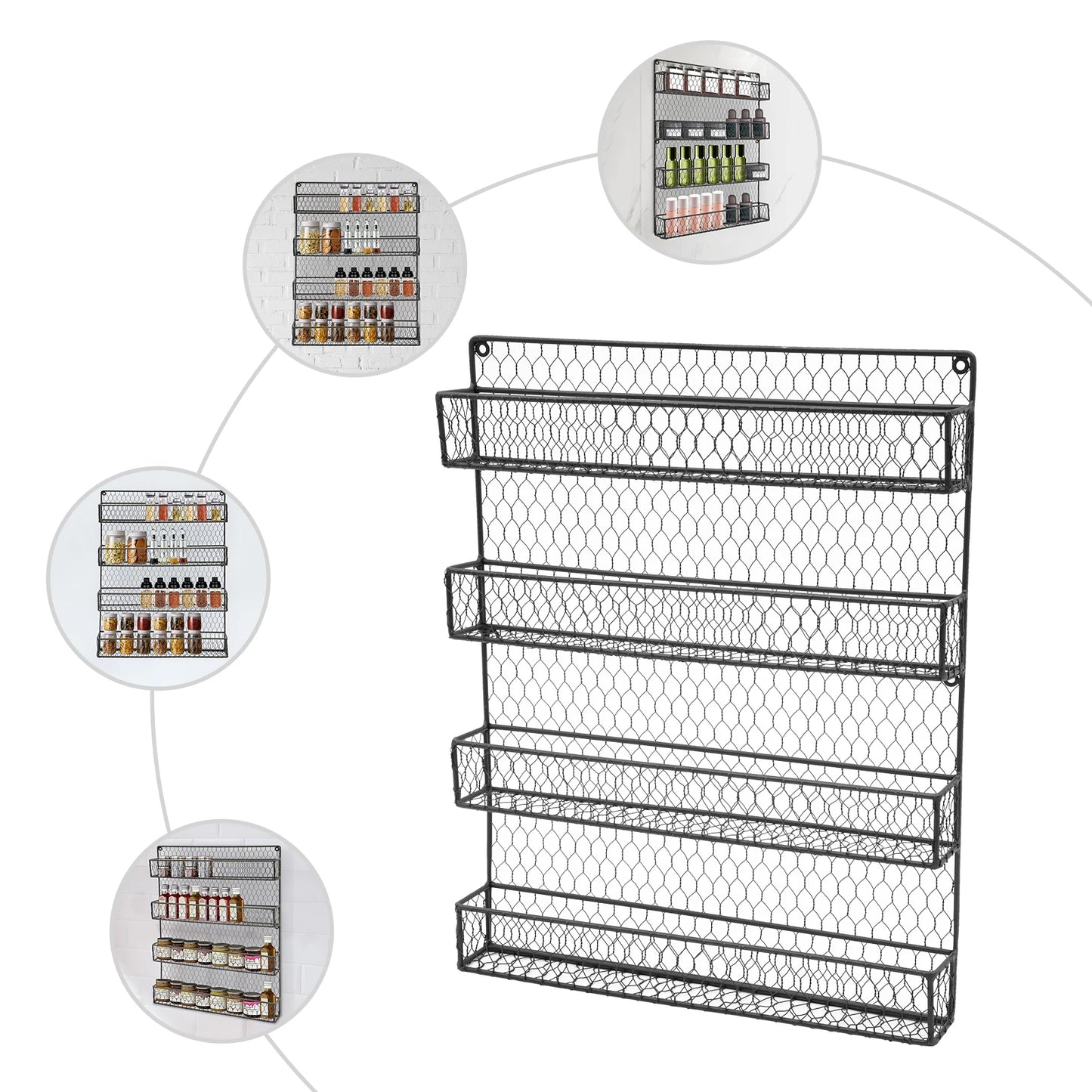 4-Tier Iron Wall Mounted Spice Rack,Black Rectangle Kitchen Spice Rack 43*6*53cm for Store Spice Jars