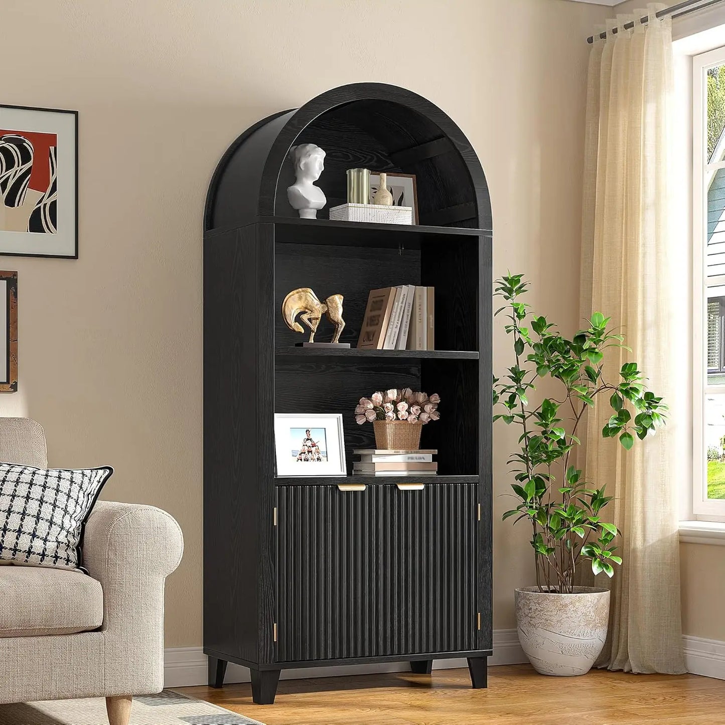 6-Tier Tall Arched Wooden Bookcase with Fluted Doors and Adjustable Shelves for Storage and Display