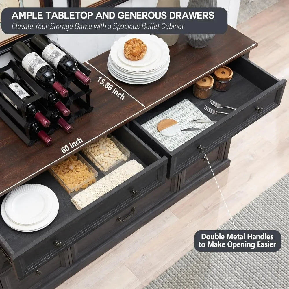 Farmhouse Buffet Cabinet, 60" Storage Cabinet w/9 Drawers, Large Wood Rustic Sideboard Cabinet w/Three Drawer Sizes