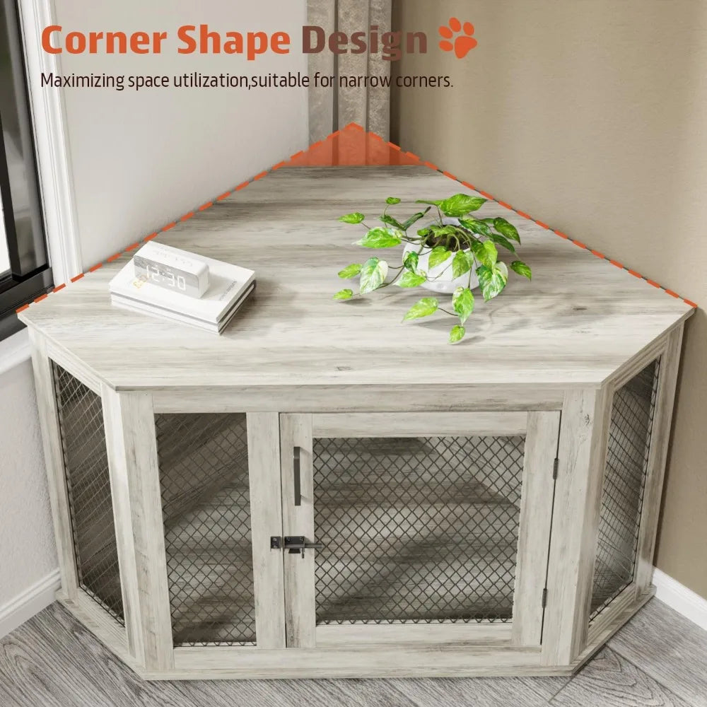 52 inch Corner Dog Crate Furniture, Wooden Dog Kennel Furniture with Mesh, Decorative Wood Dog House for Small/Medium/Large