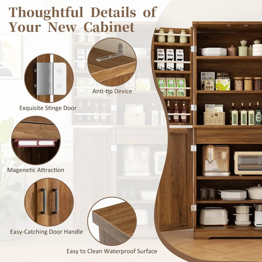 Kitchen Pantry Cabinet, Freestanding Farmhouse Storage Cabinet with 8 Door Shelves, 2 Cabinets and 1 Drawer