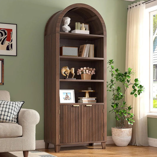 6-Tier Tall Arched Wooden Bookcase with Fluted Doors and Adjustable Shelves for Storage and Display