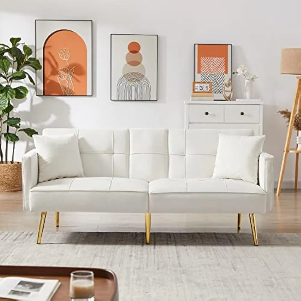 Futon Sofa Bed Modern Linen Fabric Couch Bed Loveseat Convertible Daybed with 2 Cup Holders and Removable Armrests