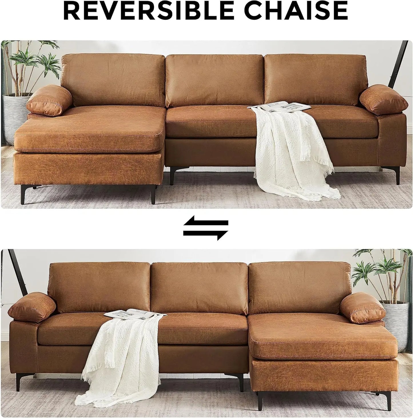 Modular Sectional Sofa, 100" Faux Leather 3-Seater Convertible Sofa with Chaise Modern Sectional Couches for Living Room