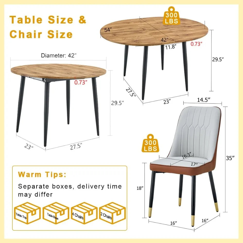 Wood Dining Table Set for 6｜ 42" Round to 54" Oval Dining Table Set for 6｜Wood Extendable Dining Room Table with Thick Cushion