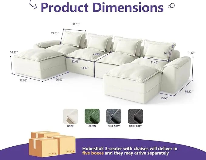 152" Cloud Modular Sectional – U-Shaped 4-Seater Couch with Ottomans, Deep Seat & Removable Cover for Living Room