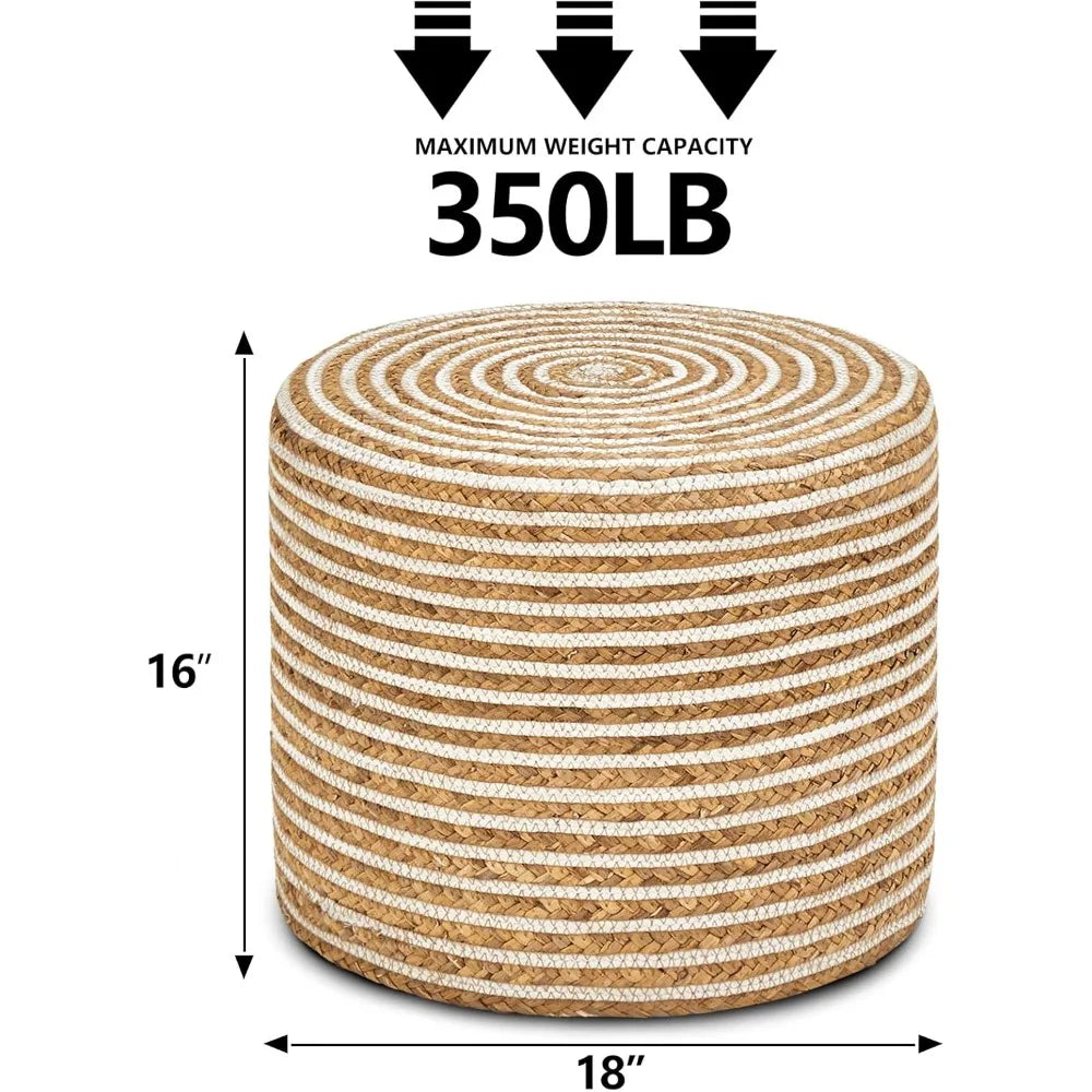 18'' Ottoman Pouf, Natural Braided Poof, Rustic Handweave Lounge Pouffe, Boho Footrest Stool for Bedroom, Accent Table