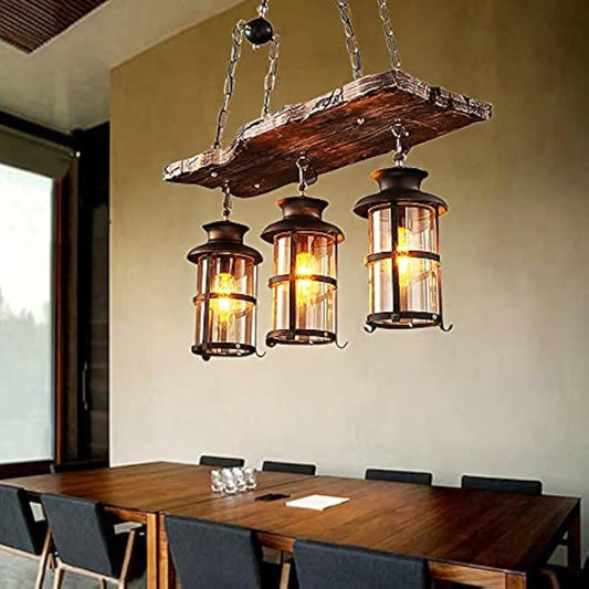 3-Light Rustic Kitchen Island Pendant Lamp Farmhouse Wood Iron Chandelier Industrial Ceiling Hanging Light with Glass Lampshade