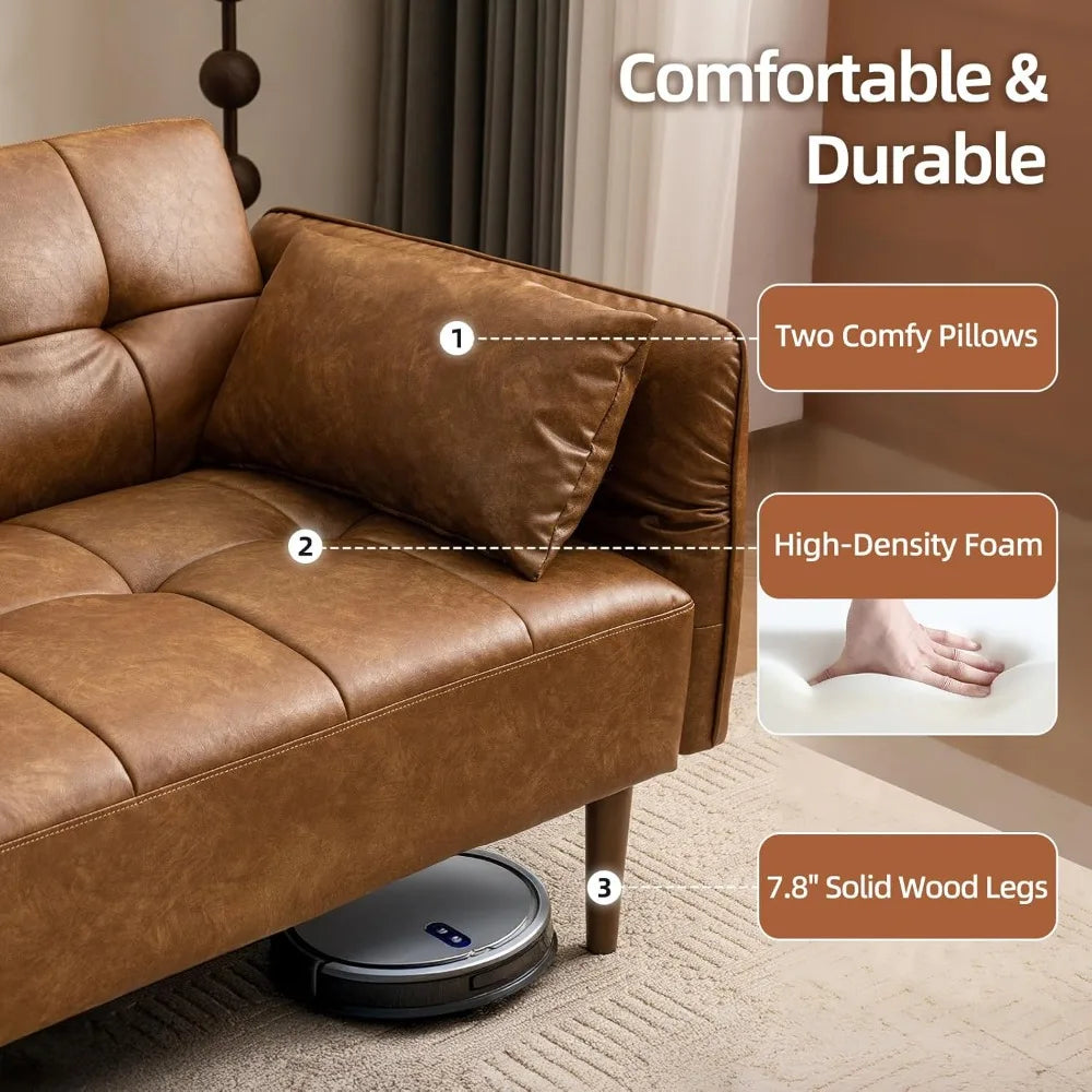 85” Futon Sofa Bed, Sleeper Sofa, Small Couch with Storage Adjustable Armrests Pillows, Faux Leather Loveseat, Mid Century