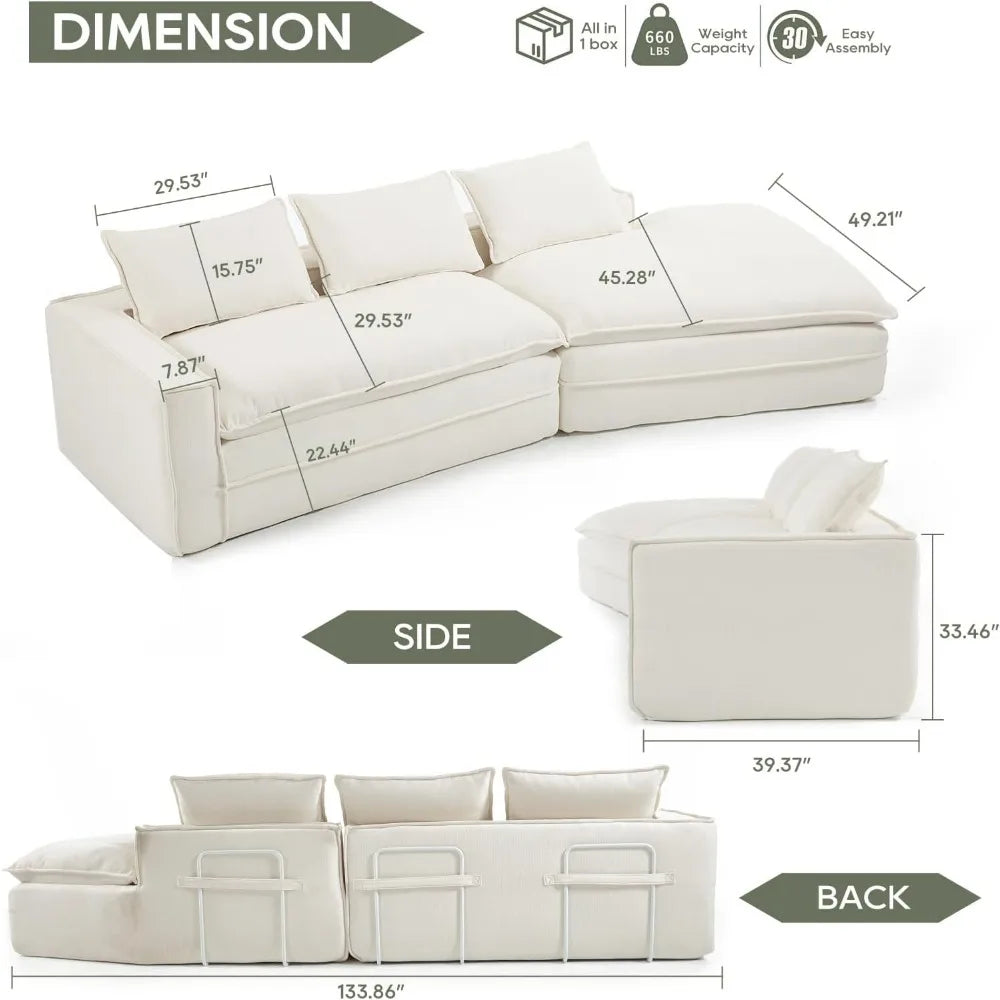 134" Fluffy Boneless Couch, Modular Deep Seat Sectional Sofa, Modern Corduroy Cloud Couch, Right Facing Chaise Sectional Couches