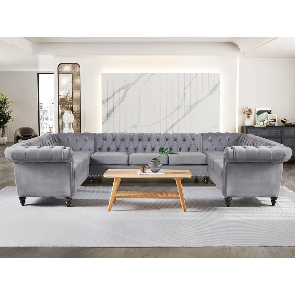 U-Shaped Sofa, Sectional Chesterfield Velvet Couch 9-Seater Upholstered Large Accent Tufted Sofa with Rolled Armrest and