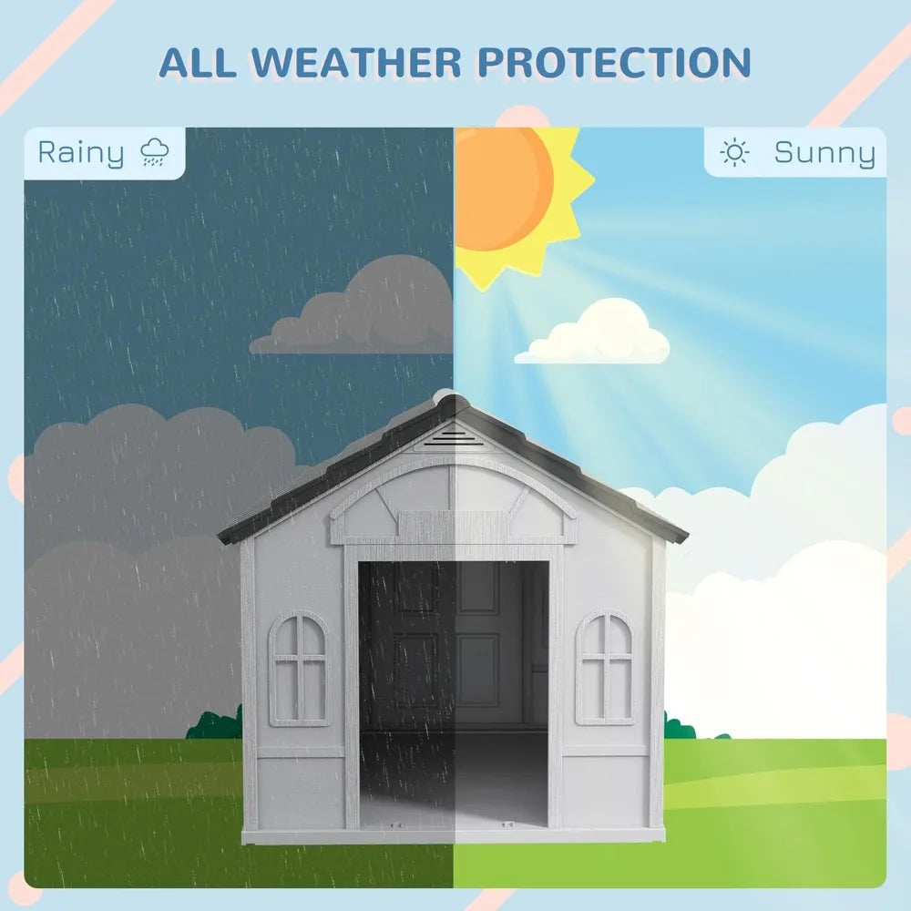 Plastic Dog House, Water Resistant Puppy Shelter Indoor Outdoor with Door, Easy to Assemble, for Medium and Small Dogs, Gray