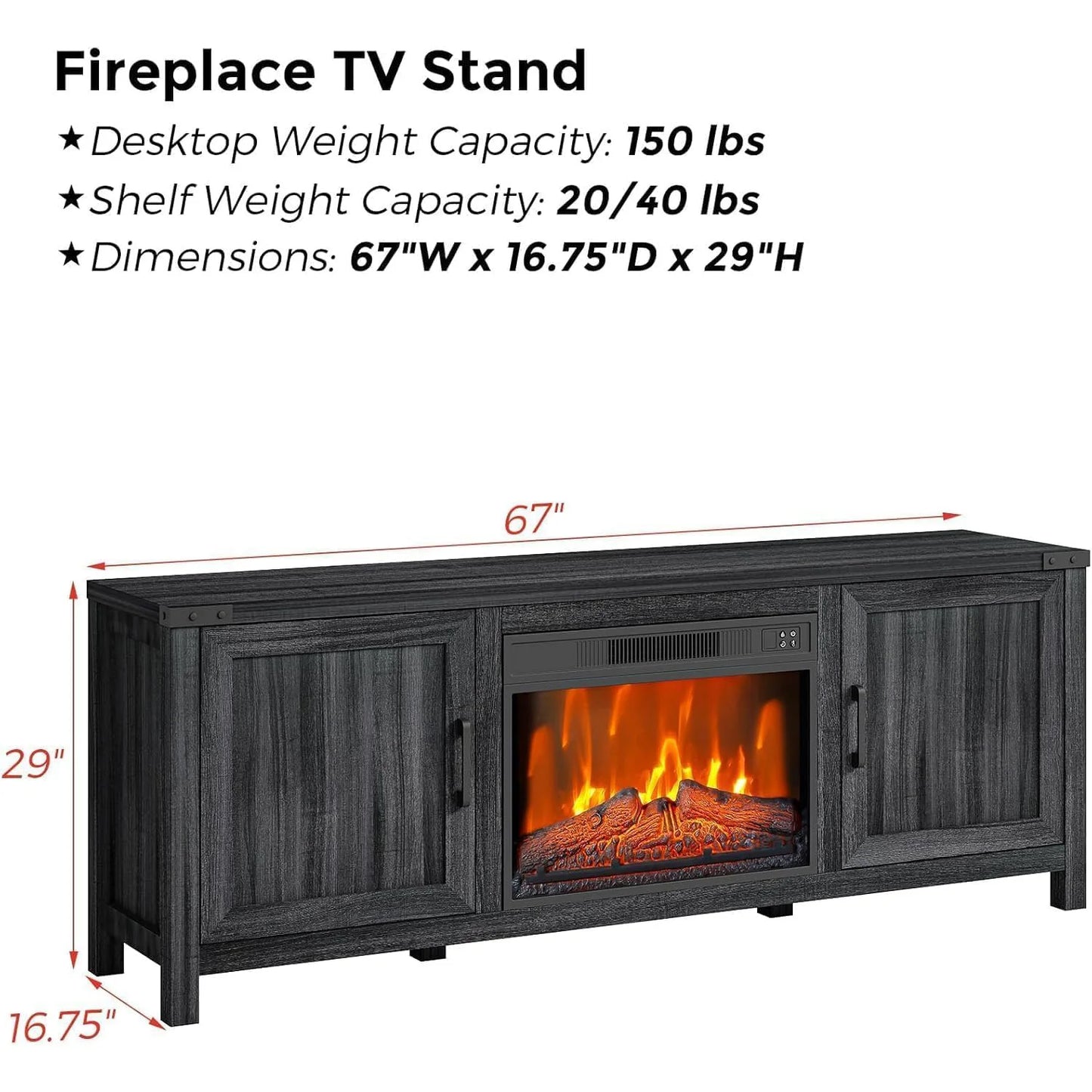 67" TV Stand With 23" Electric Fireplace 3D Flame Remote Control & Storage Cabinets Modern Entertainment Center For Home Decor