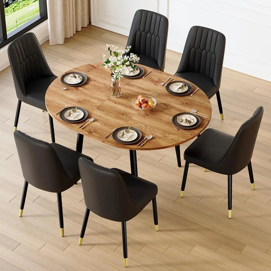 Wood Dining Table Set for 6｜ 42" Round to 54" Oval Dining Table Set for 6｜Wood Extendable Dining Room Table with Thick Cushion