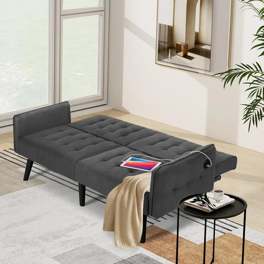 65“ Convertible Futon Sofa Bed w/ 2 USB, Upholstered Tufted Small Adjustable Folding Couch Loveseat, Modern Mid Century Sleeper