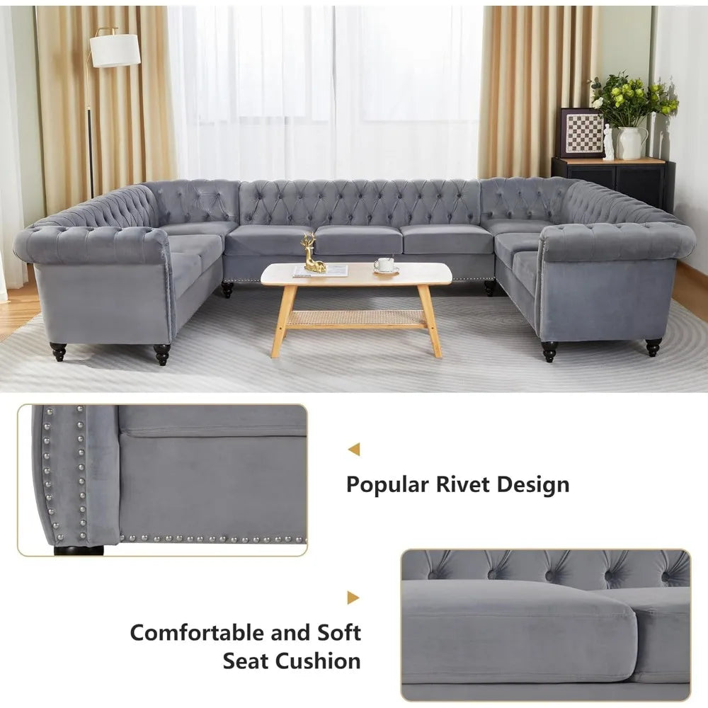 U-Shaped Sofa, Sectional Chesterfield Velvet Couch 9-Seater Upholstered Large Accent Tufted Sofa with Rolled Armrest and