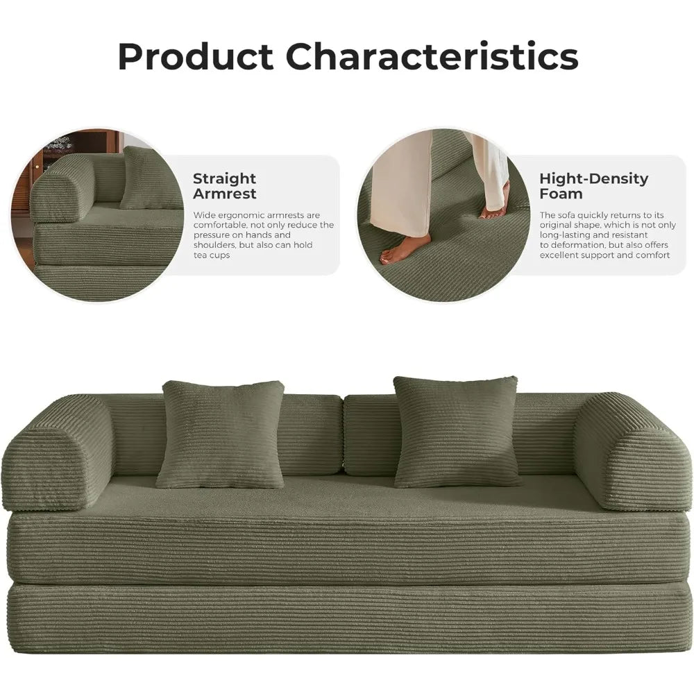 79" Compression Sofa, Convertible Sleeper Sofa Bed, Couch Bed with Fixed-Shape Frame, Corduroy Floor Sofa, Couches for Living Ro