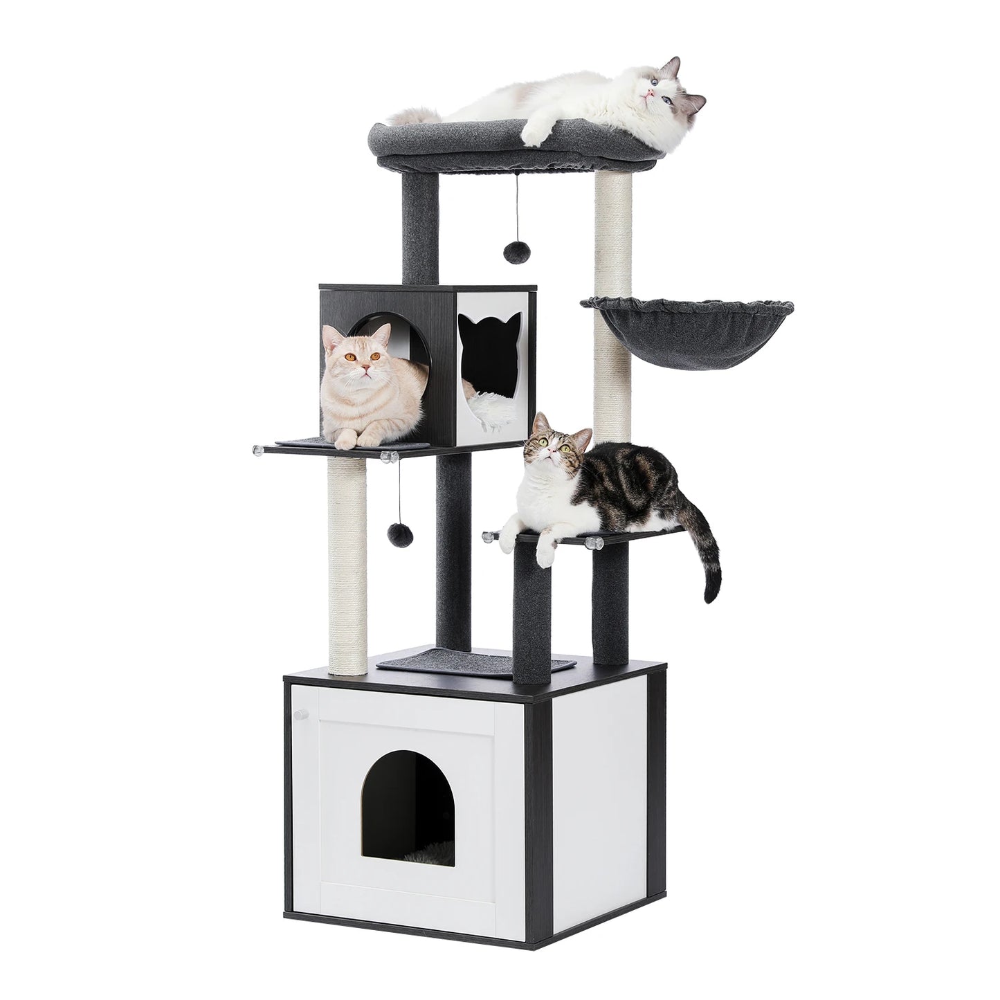 Cat Tree Tower Litter Box Wood Structure Storage with Hammock,Comfy Condo,Anti-Slip Mat,Large Cabinet,Big Platform,Sisal Posts