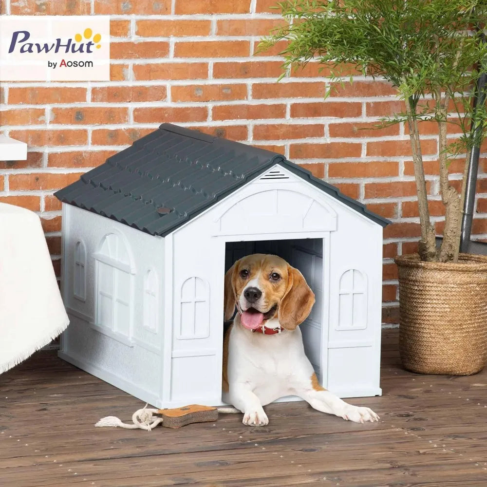 Plastic Dog House, Water Resistant Puppy Shelter Indoor Outdoor with Door, Easy to Assemble, for Medium and Small Dogs, Gray