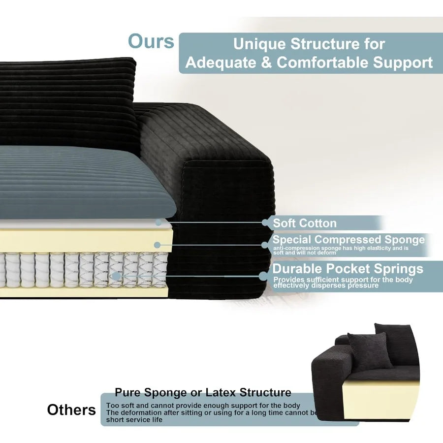 85'' Living Room Sectiol Couch with Double Layer Black Plh Corduroy Fabric 2 Seater Boneless L Shaped Cloud Couch in a Box No A