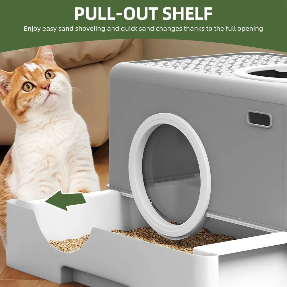 Large Enclosed Cat Litter Box with Hood and Slide-Out Drawer, Easy Clean Gray Furniture Style Cabinet for Odor Control