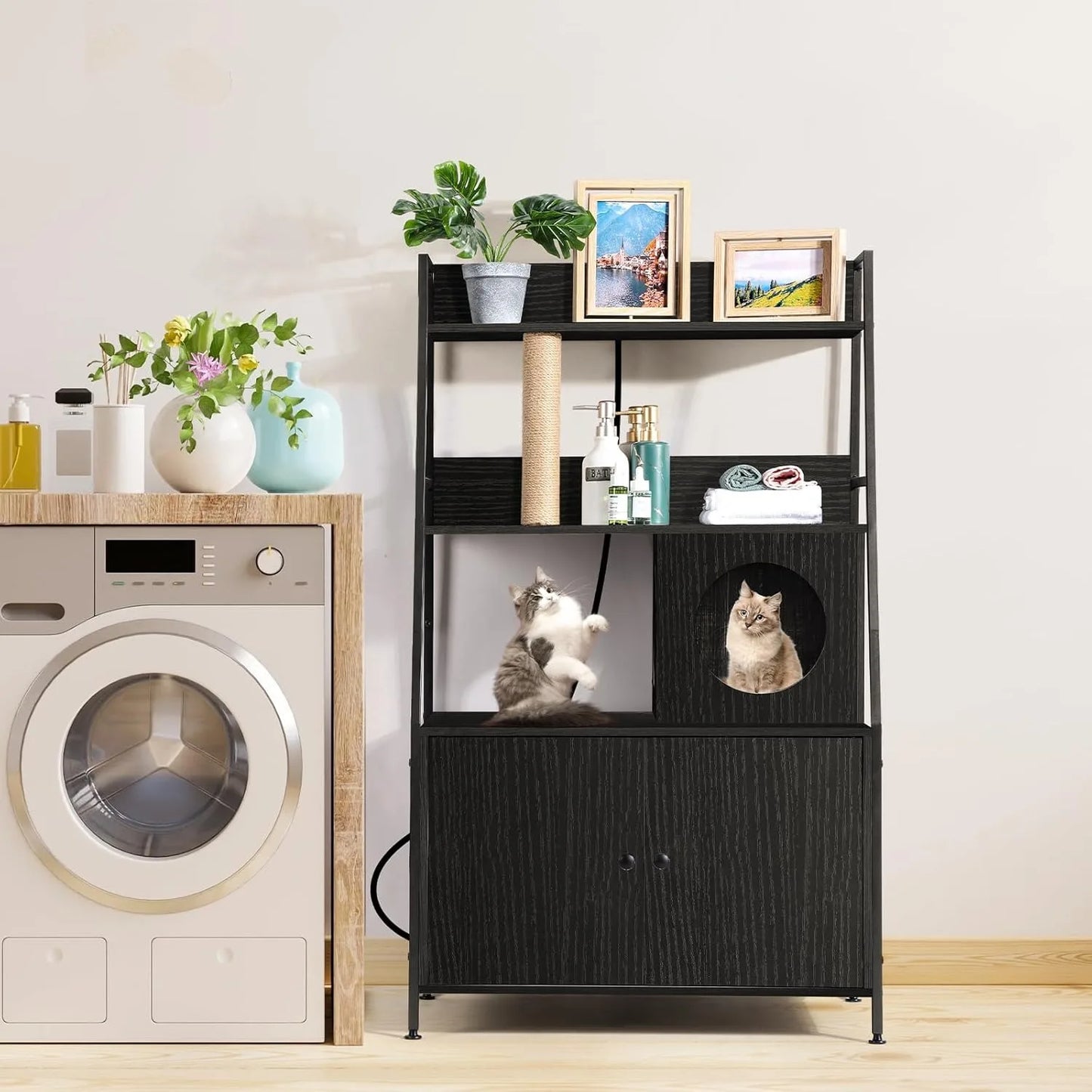 Cat Litter Box Enclosure w/Charging Station & Shelves - Tall Hidden Furniture Universal Fit Indoor, Storage Cabinet (Black)