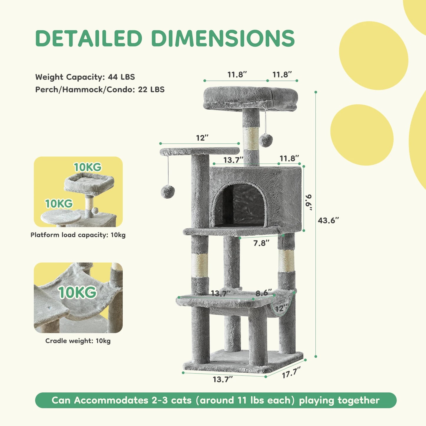 JHK 44in Tall Multi-Cat Climbing Cat Tree Tower for Pet Furniture Natural Sisal Scratching Posts Stable Pet House for Indoor Cat