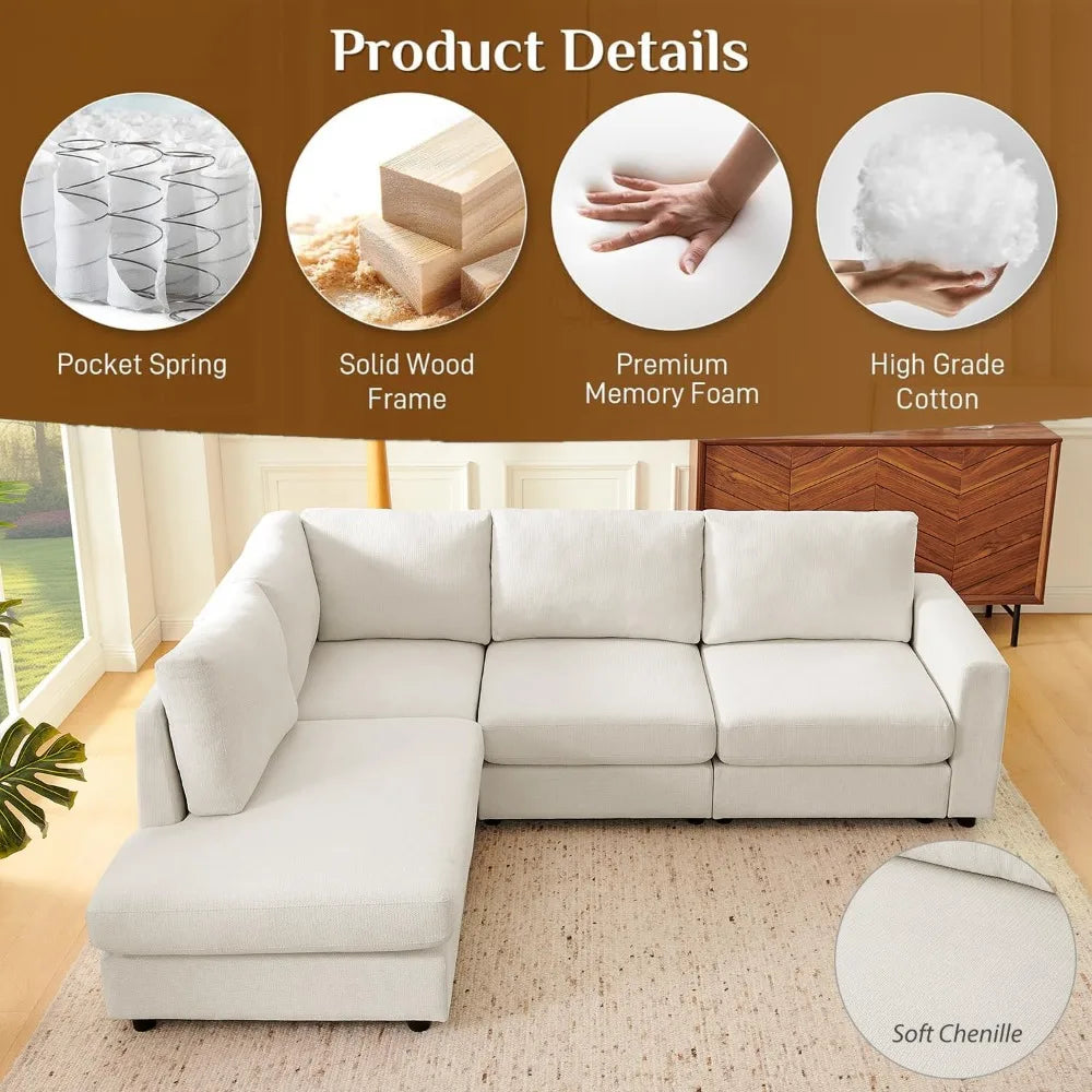 100" L-Shaped Convertible Sectional Couch with Chaise – Breathable Chenille Fabric for Living Room