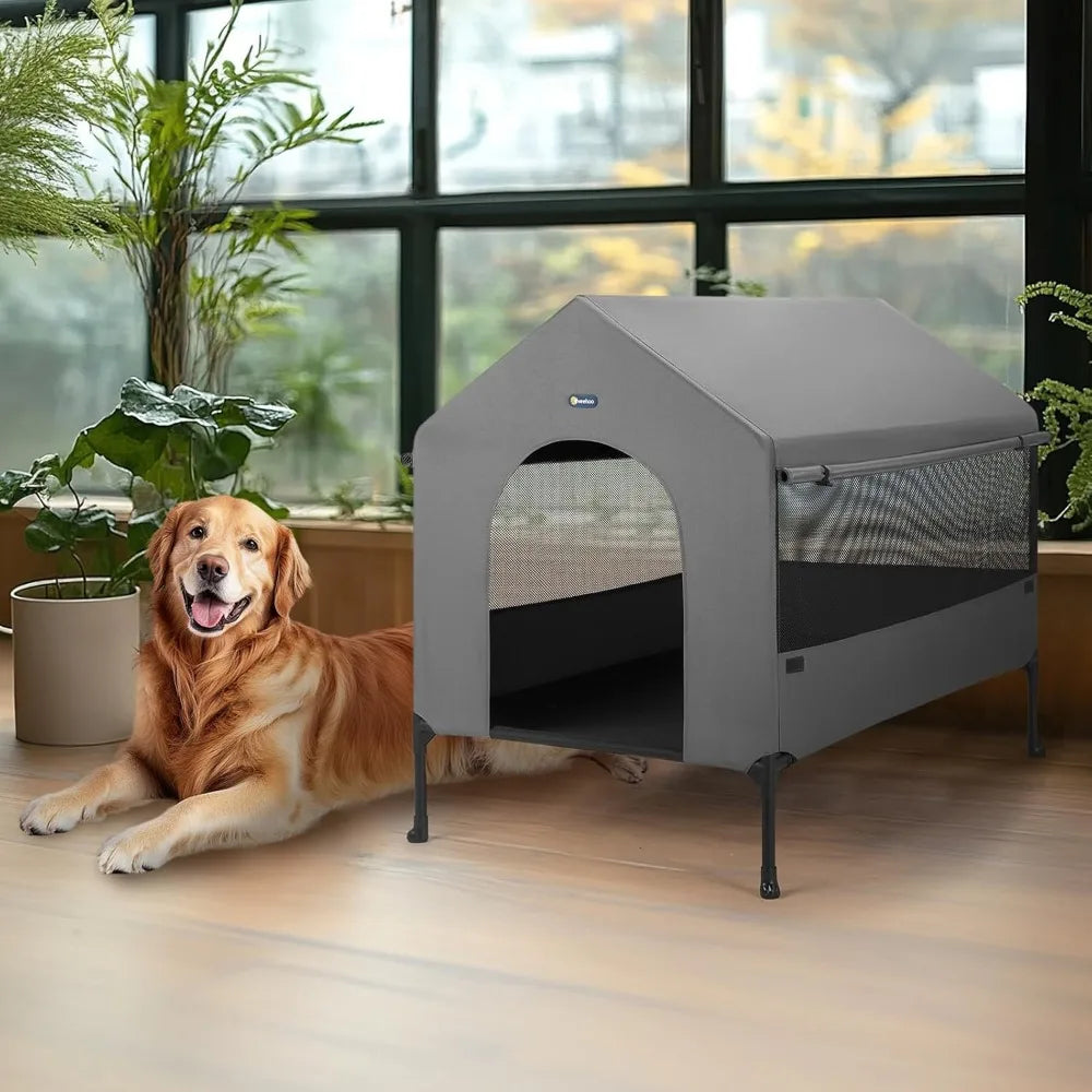 41" Dog House, 2-in-1 Large Dog House Outdoor Indoor Weatherproof, Outside Elevated Dog Cot Bed Dog Tent Shade, Three-Sided Bre