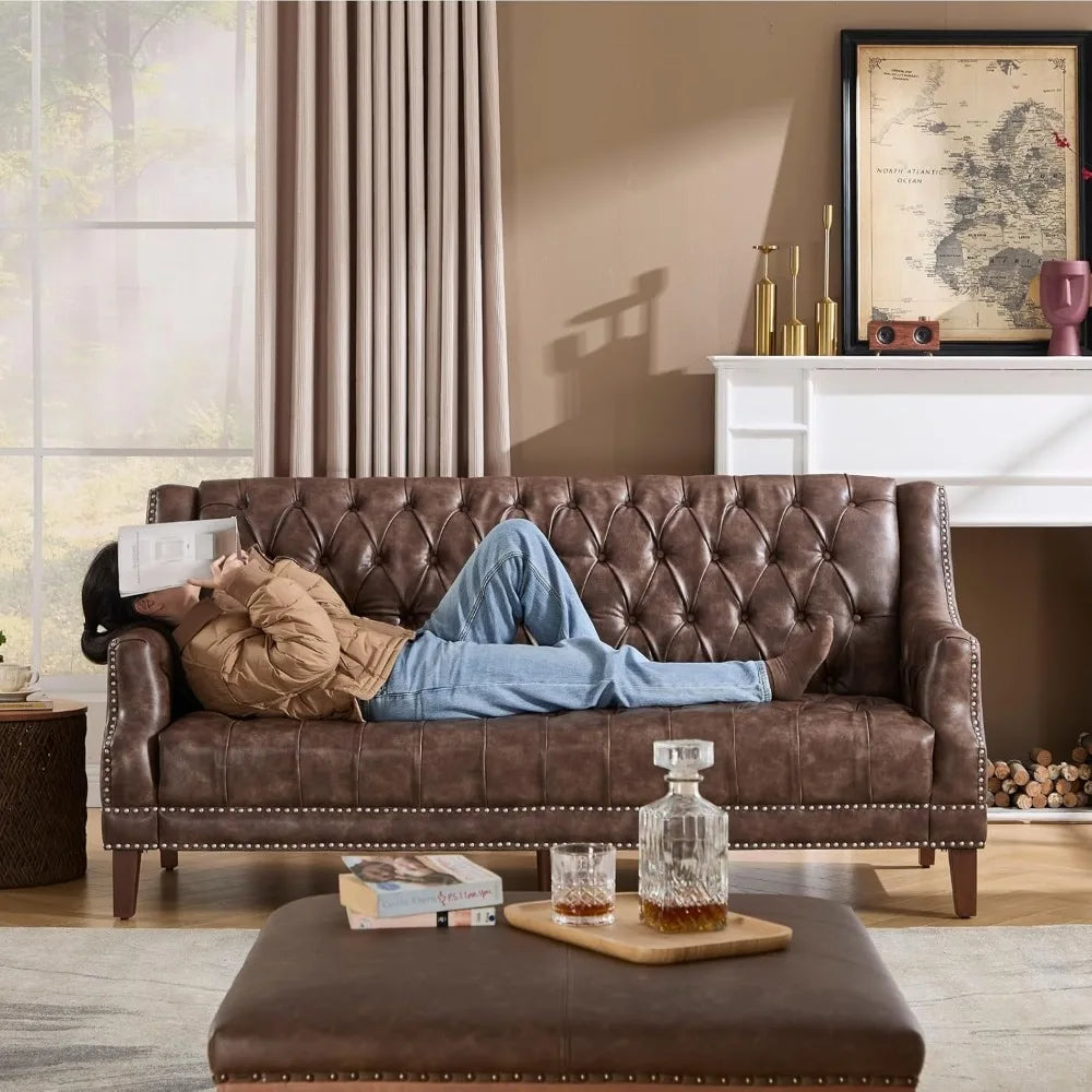Mid Century Modern 74.5" Faux Leather Sofa, 3 Seater Tufted Upholstered Couch with High Back & Nailhead Trim, Chesterfield Sofa